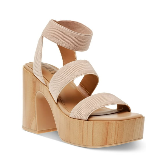 WILD PAIR Womens Beige Knit 1-1/2" Wood-Grain Platform Elastic Ankle Strap Cushioned Strappy Breathable Scarlitt Square Toe Block Heel Slip On Dress Heeled Sandal 8 M