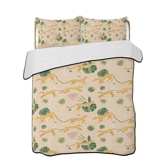 Wild Panthers 3 Pieces Quilt Set, 1 Quilt with 2 Shams, Tropical Plants Monstera Deliciosa Leaf Animal Bedspread Soft Lightweight Bedding Coverlet Comforter Set for All Season 90"x96"
