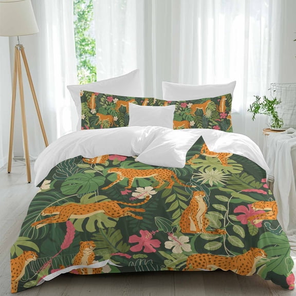 Wild Panthers Comforter Set California King Size, Tropical Plants Monstera Deliciosa Flower Animal Soft Bedding Set for Man Woman, 4 Pieces Duvet Cover Set with Fitted Sheet, 2 Pillowcases