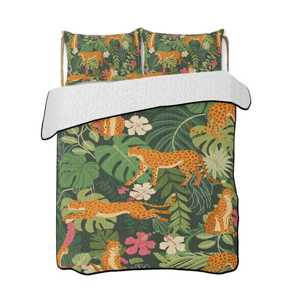 Wild Panthers Quilts Bedding Set California King Tropical Plants Monstera Deliciosa Flower Animal Lightweight Quilted Bedspread 3 Piece Bed Quilt with 2 Pillow Shams All Season for Bedroom 96" x 106"