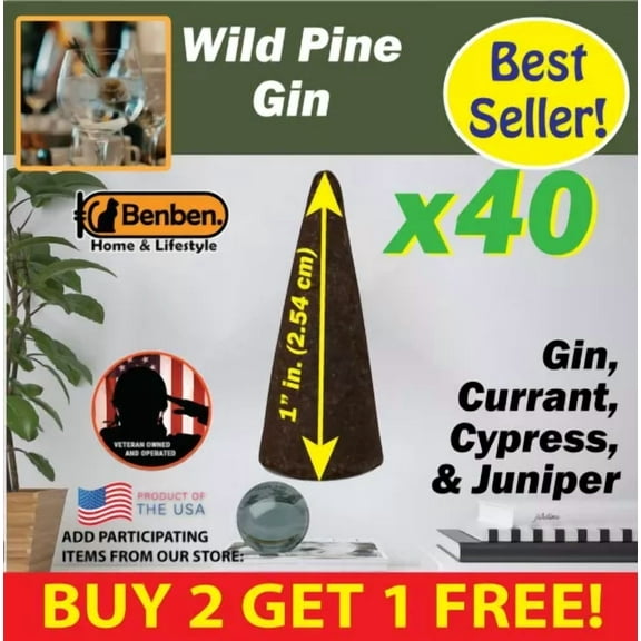 Wild Pine Gin Benben Us Incense 40X1" Cones ~ Vegan ~ High Fragrance