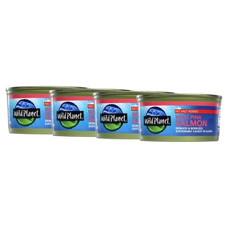 (4 pack) Wild Planet Wild Alaskan Pink Salmon - No Salt Added - Case of 12 - 6 oz.