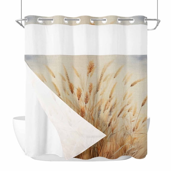 Wild Plant, No Hook Shower Curtain Waterproof, Bathroom Curtains with Snap in Liners and See Through Top Window, Vintage Botanical Leaves Yellow Hotel Style Bathtub Curtains Shower 72"Wx78"L