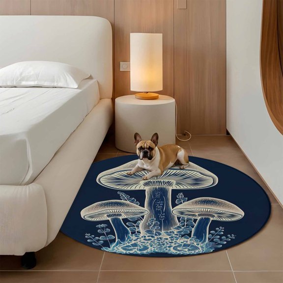 Wild Plants 3ft Round Rug for Bathroom Accent Bedside Corner, Mushroom Leaves Navy Blue Washable Non Slip Circle Area Rug for Small Spaces