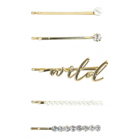Wild Primrose by Scunci Decorative Bobby Pin Slide Barrettes for Styling All Hair Types in Mixed Gold, Rhinestone, and Pearl Styles, 5ct