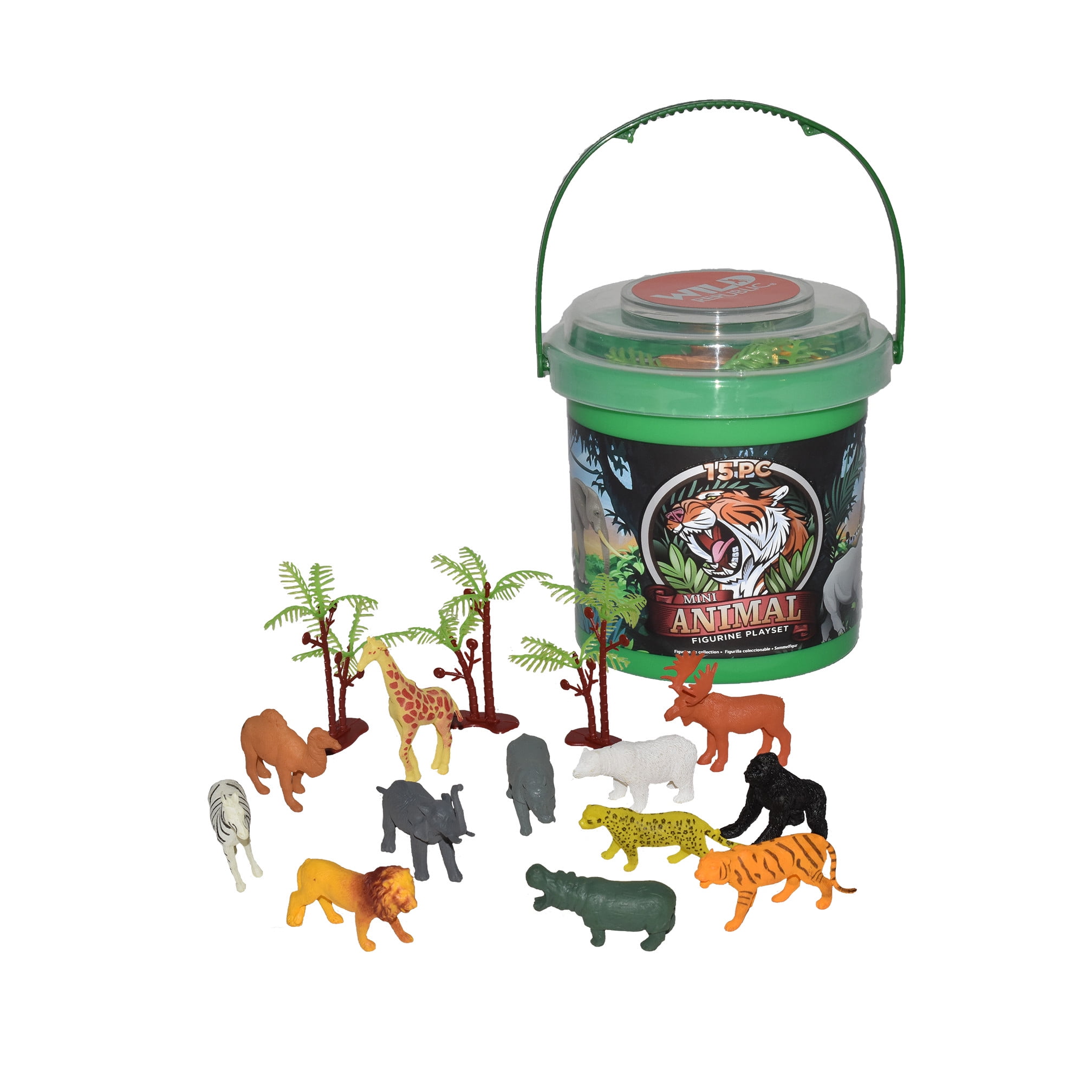 Wild Animal Miniature Figurine Set with Storage Bucket