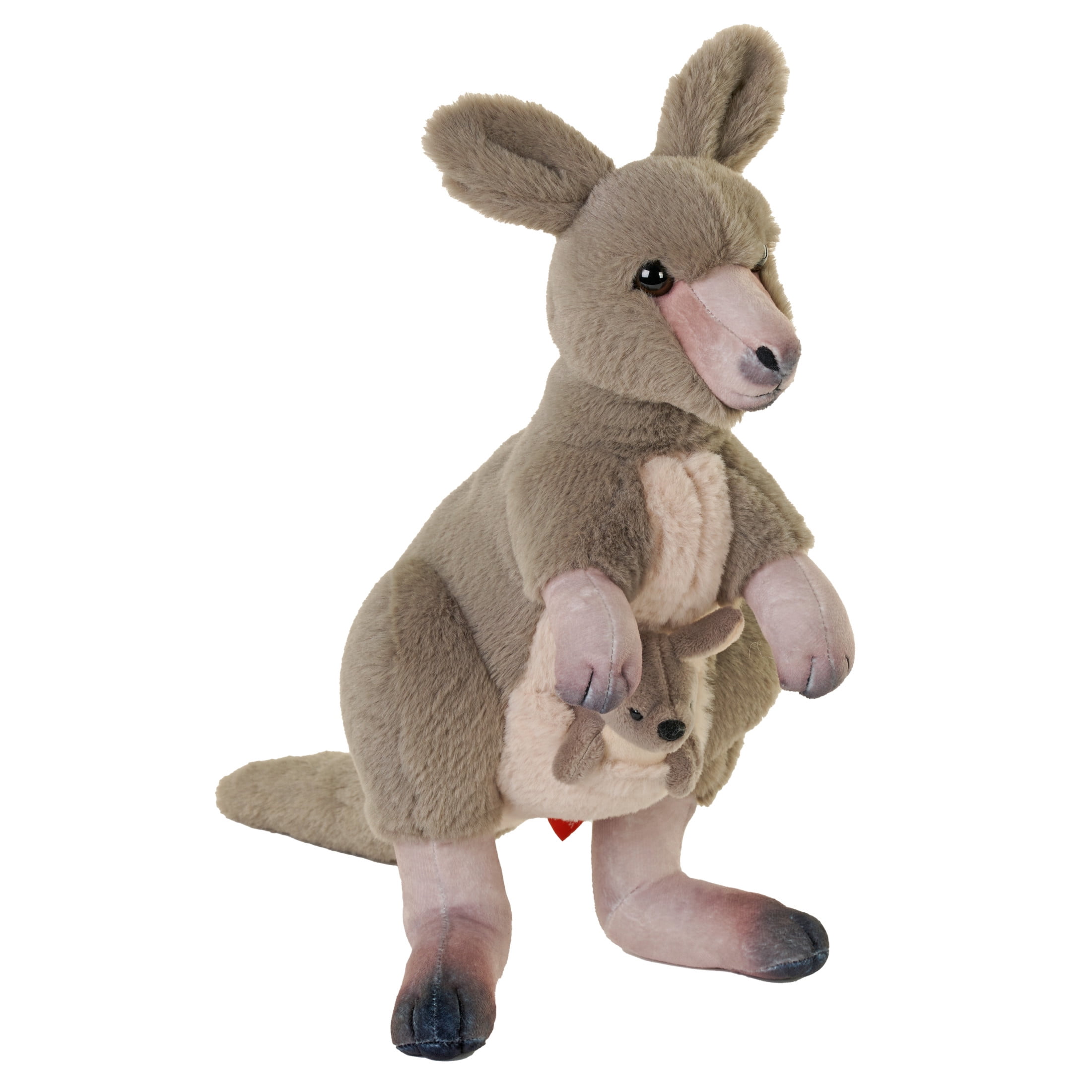 15-Inch Gray and Beige Plush Kangaroo with Joey