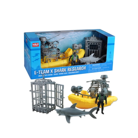 Wild Republic E-Team X Shark Set Playset, Action Figure, Shark, Boat, Diving Cage, Gifts for Kids, 4-Piece Set