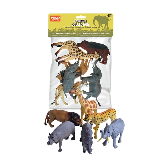 Wild Republic African Animals Polybag, Giraffe, Hippo, Lion, Cheetah, Elephant, Warthog, Toy Figures, 6 Piece Set