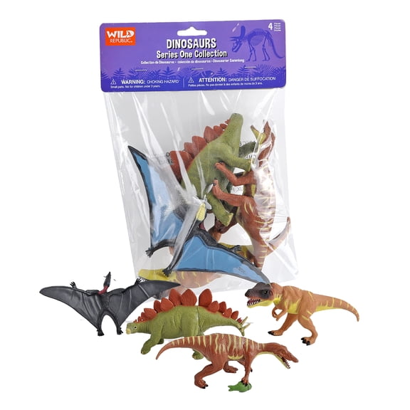Wild Republic Dinosaur Ploybag, Stegosaurus, T Rex, Pteranodon, Baryonyx, 4 Piece Set