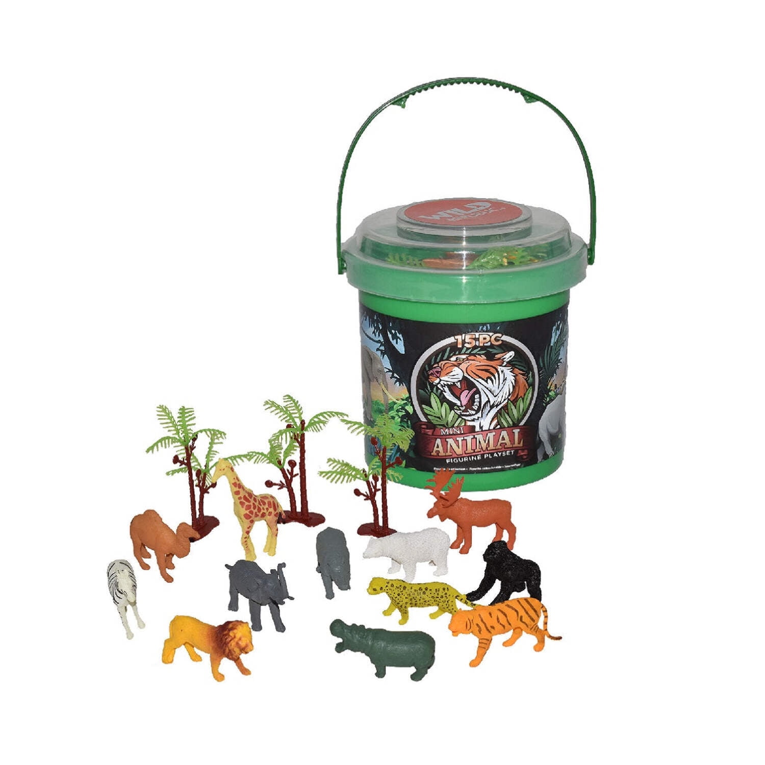Wild Animal Miniature Figurine Set with Storage Bucket