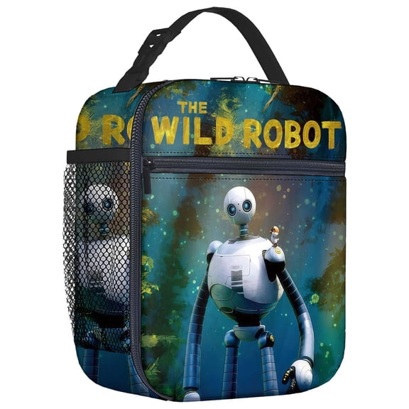 For Wild Robot Cartoon Themed Insulated Lunch Bag Reusable Water Resistant Cooler Tote, with Mesh Side Pocket and Zipper, Lunch Box Size 8.66x4.33x10.24 Inch for Camping, Trips, Picnics