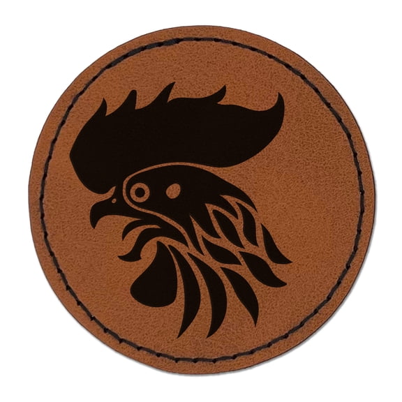Wild Rooster Head 2.5" Faux Leather Round Engraved Iron-On Patch - Brown