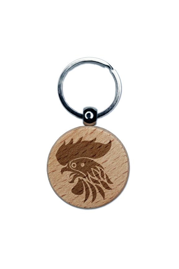 Wild Rooster Head Round Keychain Charm Tag - Engraved Wood