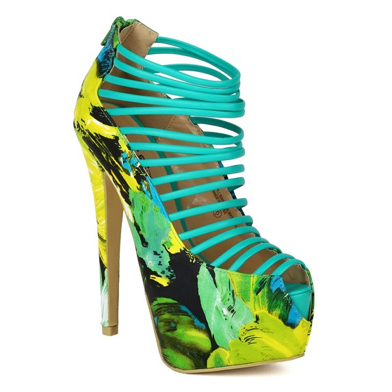 Wild Rose BB82 Women Leatherette Strappy Peep Toe Multi Color Platform Pump
