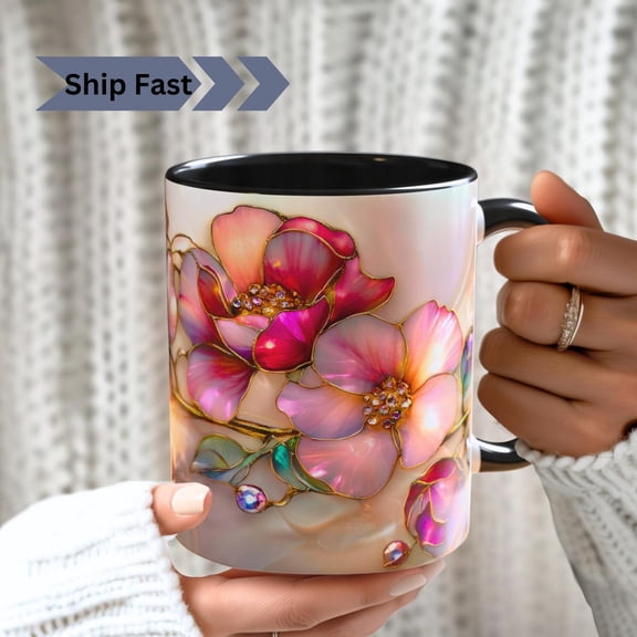 Wild Rose Coffee Mug: Stained Glass Style, Botanical Art