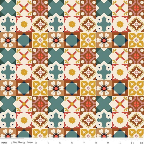 Wild Rose Tiles Multi Cotton Fabric