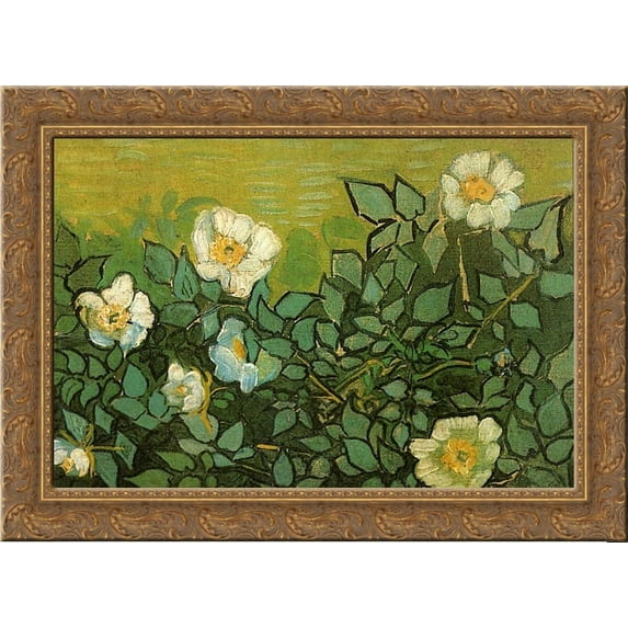 Wild Roses 24x18 Gold Ornate Wood Framed Canvas Art by Vincent van Gogh