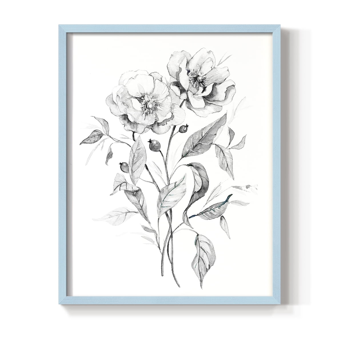 Wild Roses Sketch Framed Print in Blue Solid Wood 8 x 10 Framed Print