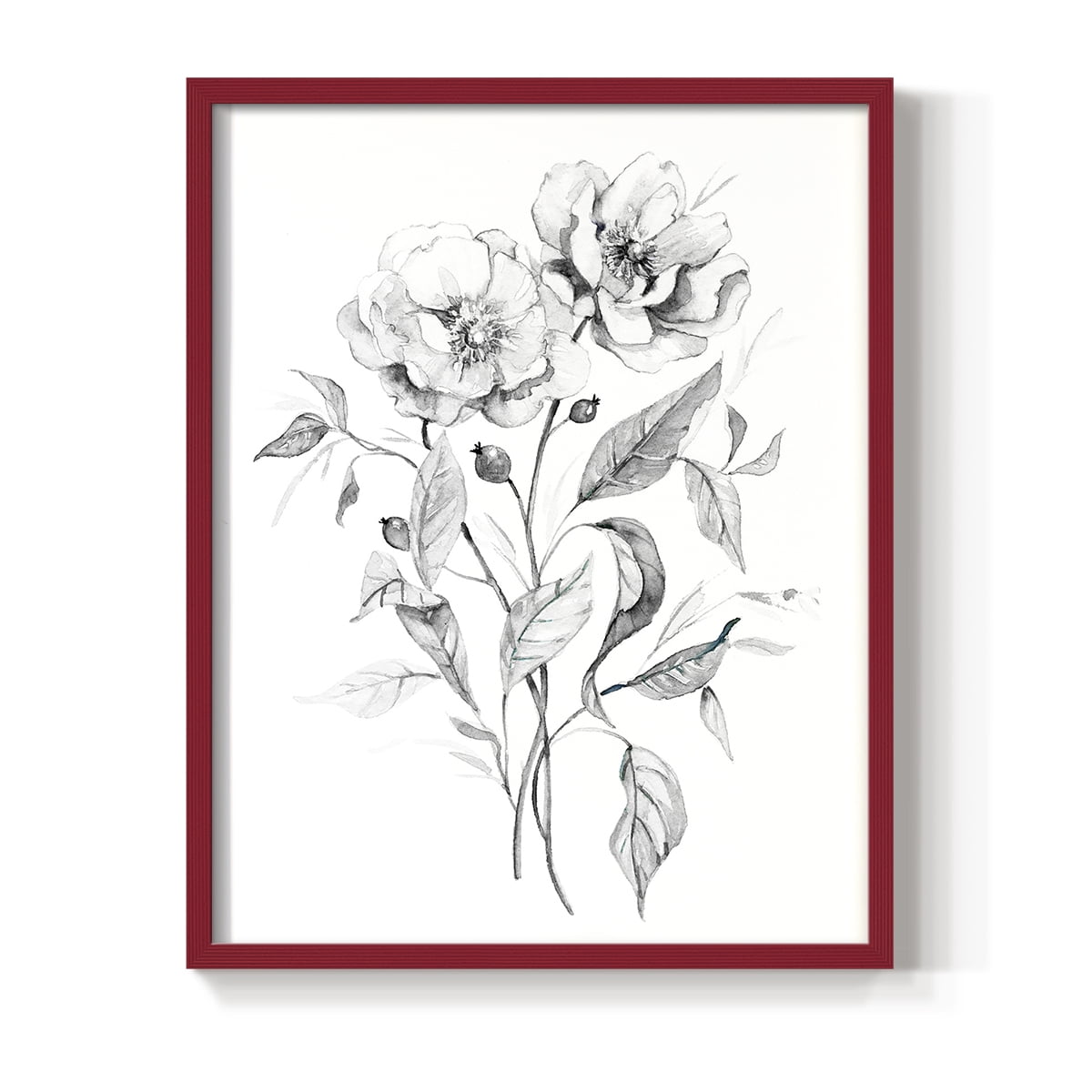 Wild Roses Sketch Framed Print in Red Solid Wood 8 x 10 Framed Print