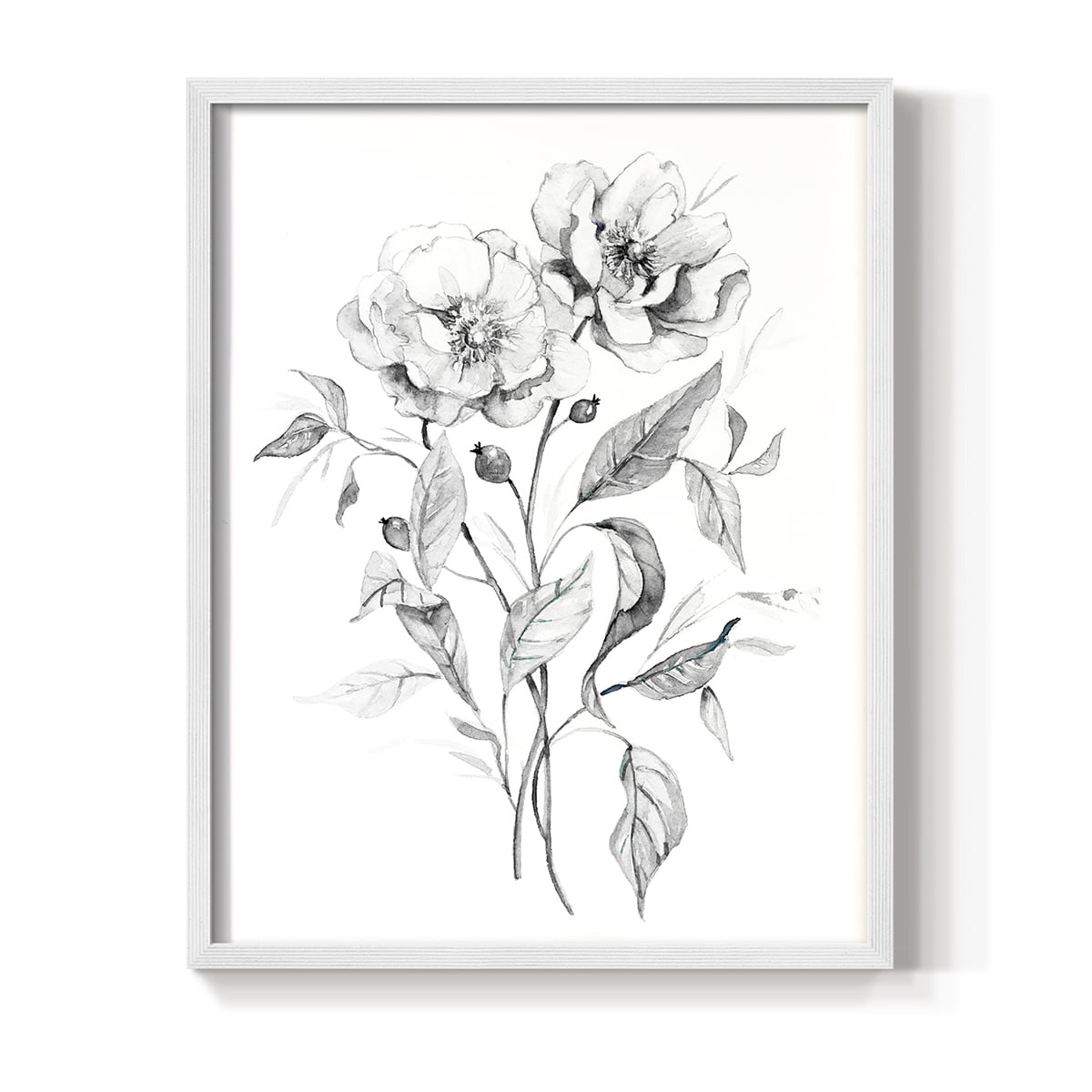 Wild Roses Sketch Framed Print in White Solid Wood 11 x 14 Framed Print