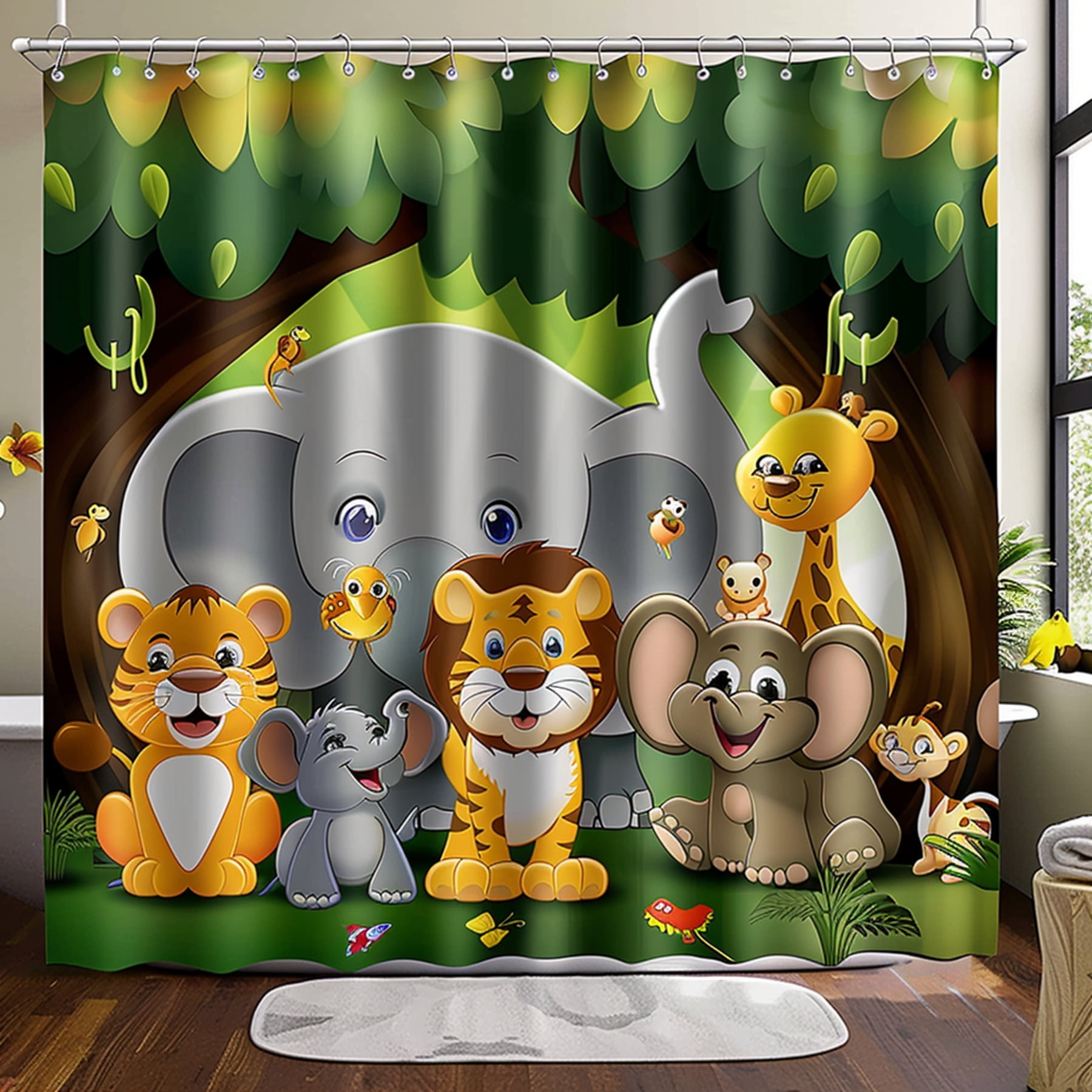 Wild Safari Adventure: Cartoon Jungle Baby Animals Shower Curtain Lion ...