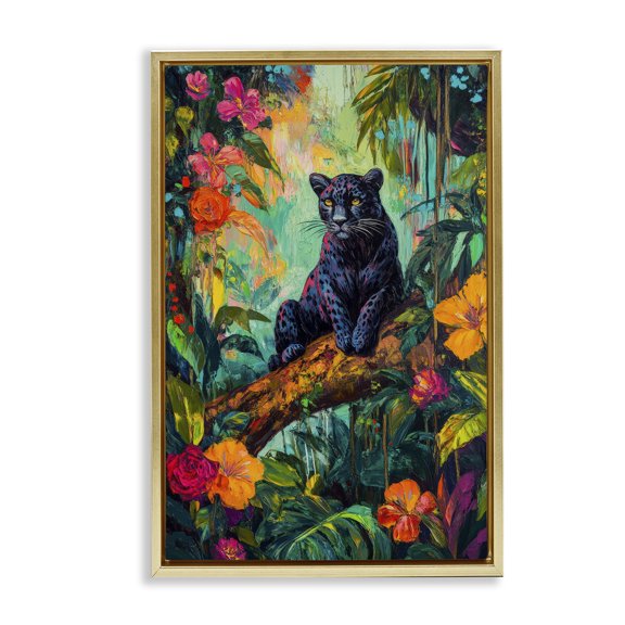 Stupell Industries Wild Side Black Leopard Gold Framed Floater Canvas Wall Art, design by Petal Prints Design