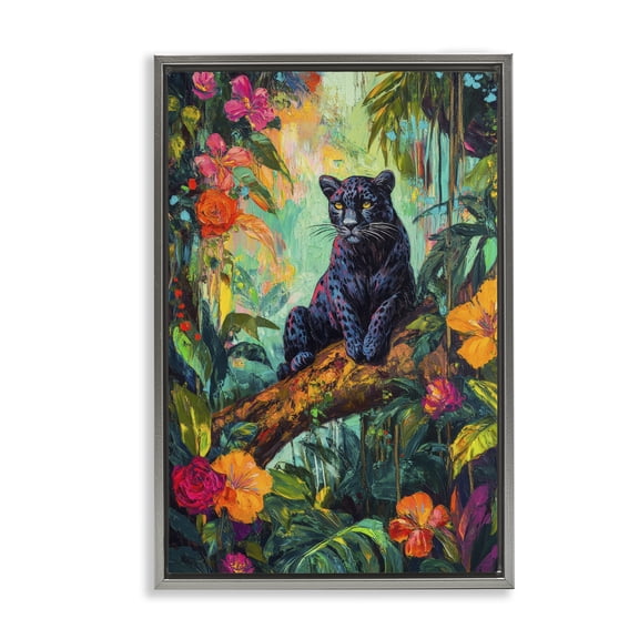 Stupell Industries Wild Side Black Leopard Gray Framed Floater Canvas Wall Art, design by Petal Prints Design