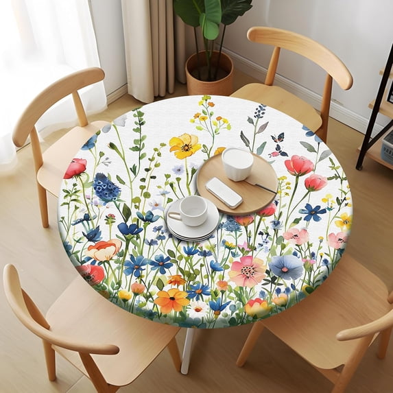Wild Small Florals Round Fitted Tablecloth with Elastic Table Cover Round Elastic Tablecloth, Waterproof Wipeable Fitted Table Cloth, Fits Tables up to 45"-50" Diameter