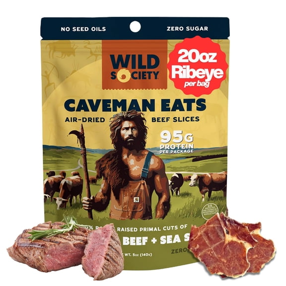 Wild Society - Caveman Eats - Grass Fed Ribeye Steak Slices - 95g Protein - Only Steak & Salt - 2 Ingredients - Air dried Beef Jerky Carnivore Snacks Crisps - Sugar Free, Gluten Free, Keto, Paleo (5o