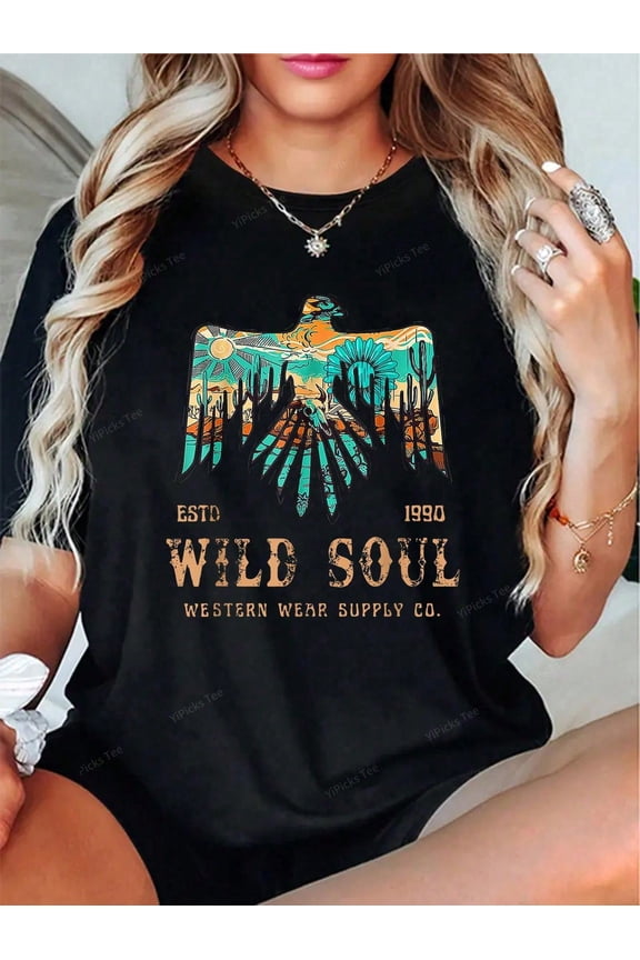 Wild Soul Western Wear Southwest Thunderbird Desert Vibes T-Shirt- Graphic Tees Festival Outfits Outfits For Women, Y2K Tops For Summer, Top De Mujer Women Summer Clothes
