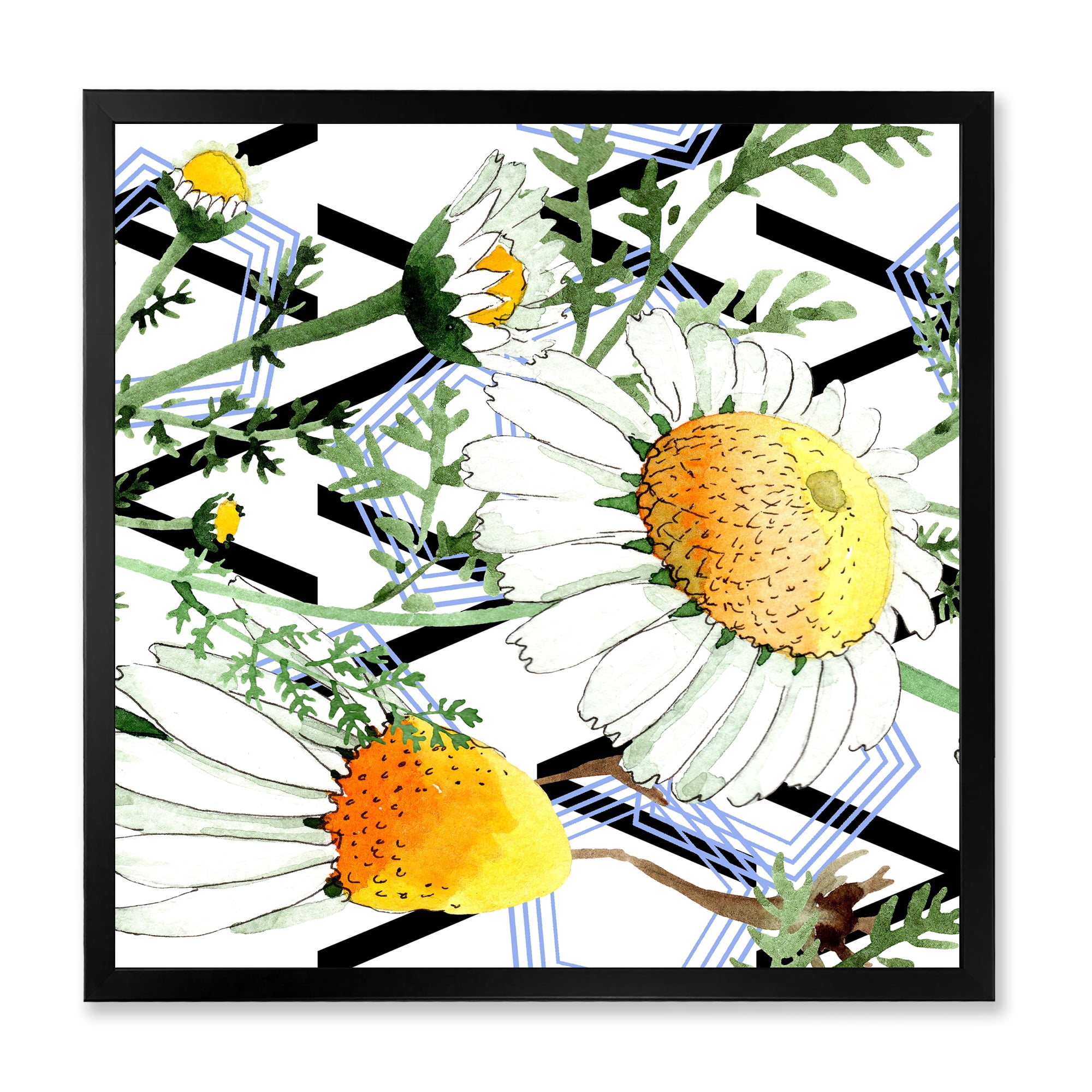 Wild Spring Chamomile Flowers On Geometric Lines 16 in x 16 in Framed Painting Canvas Art Print, by Designart