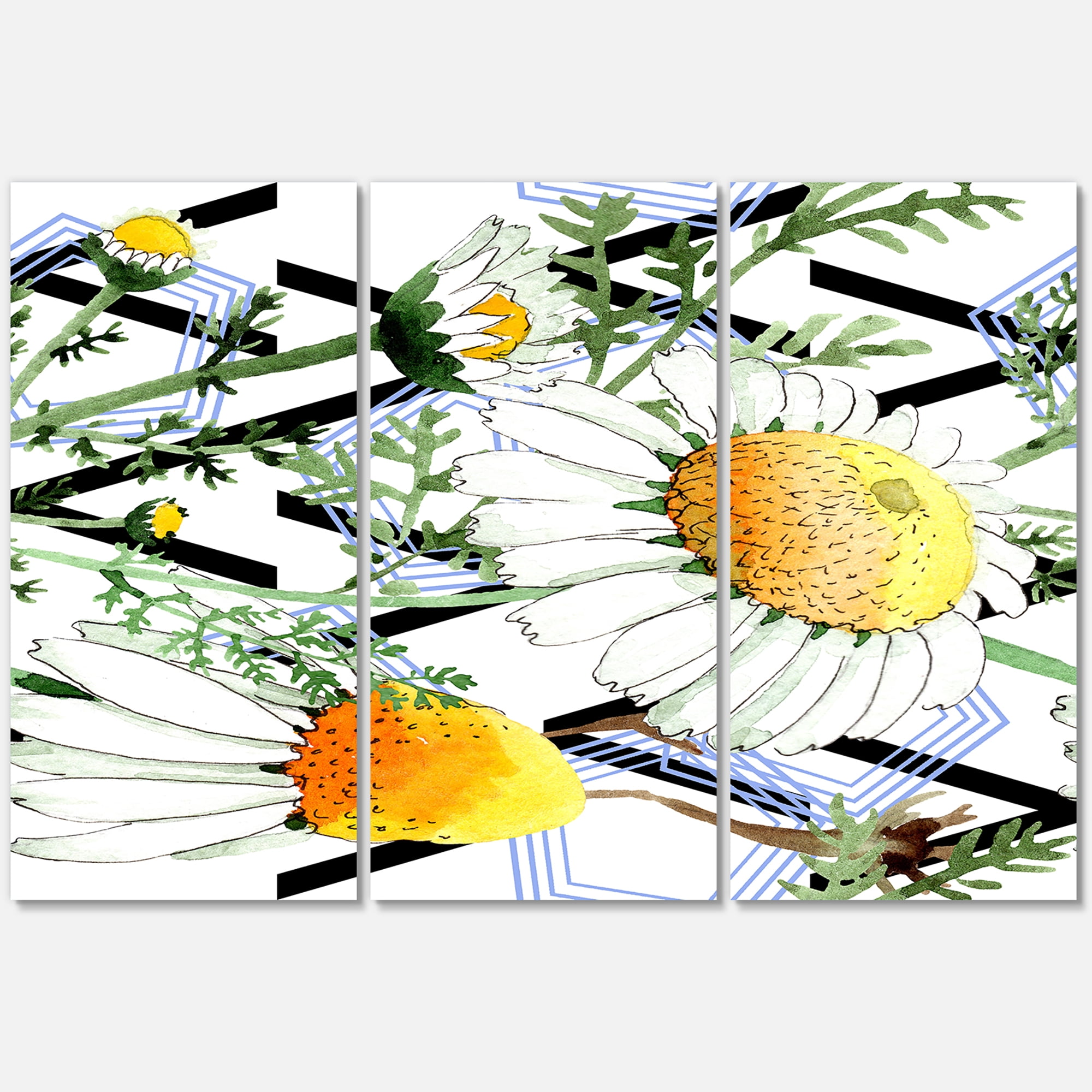 Wild Spring Chamomile Flowers On Geometric Lines 28 in x 36 in Painting Canvas Art Print, by Designart
