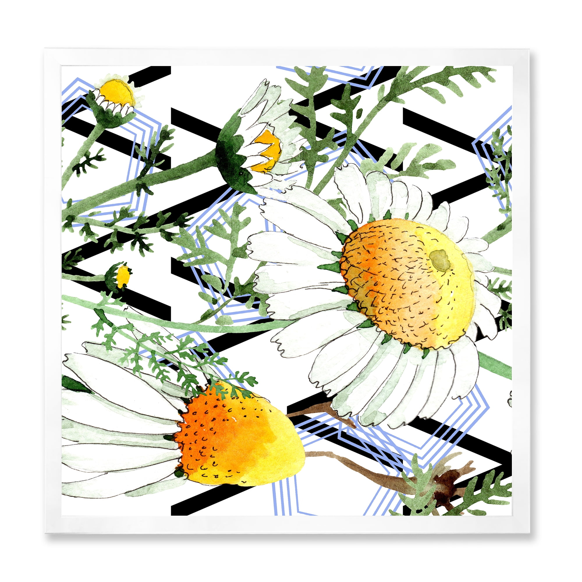 Wild Spring Chamomile Flowers On Geometric Lines 30 in x 30 in Framed Painting Canvas Art Print, by Designart