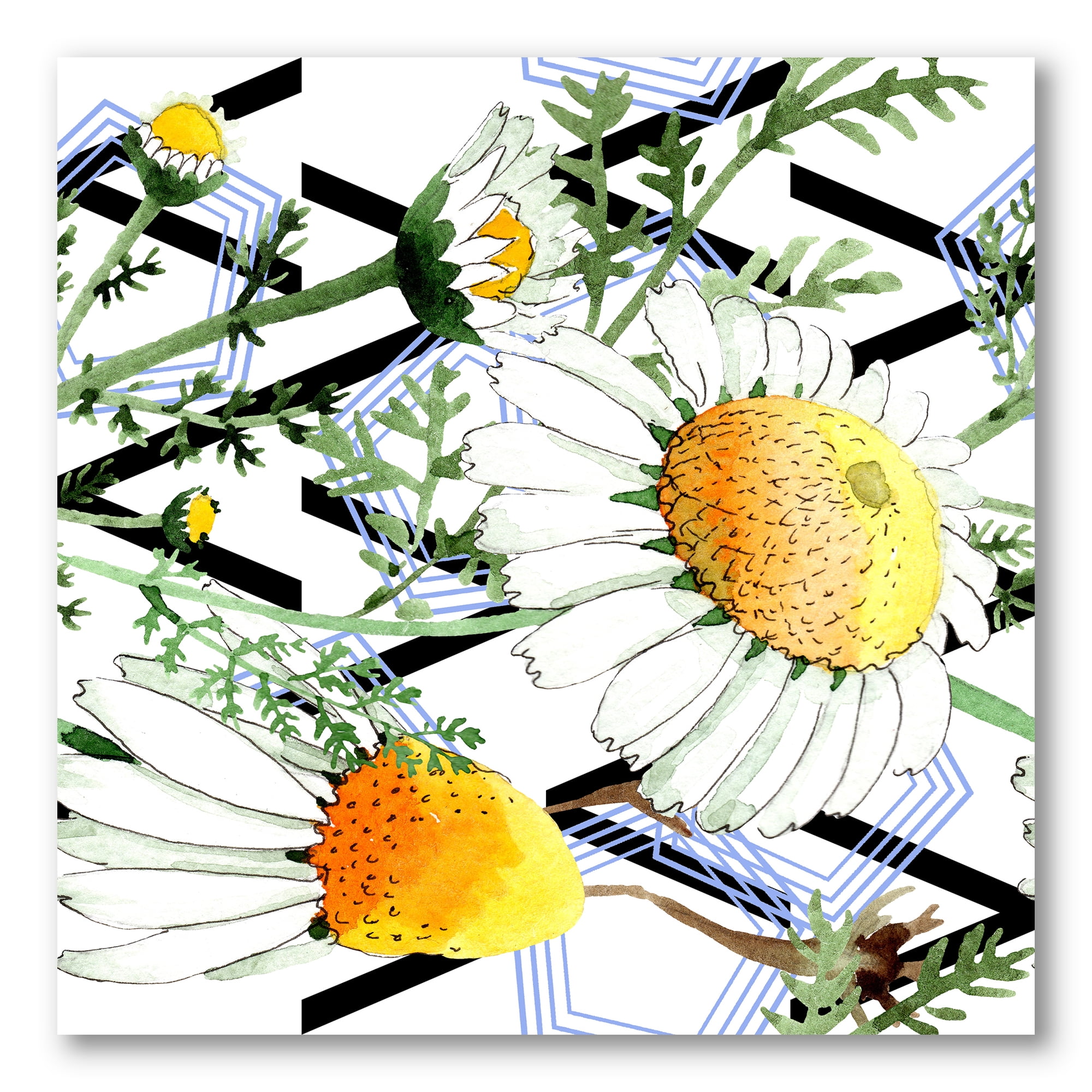 Wild Spring Chamomile Flowers On Geometric Lines 30 in x 30 in Painting Canvas Art Print, by Designart