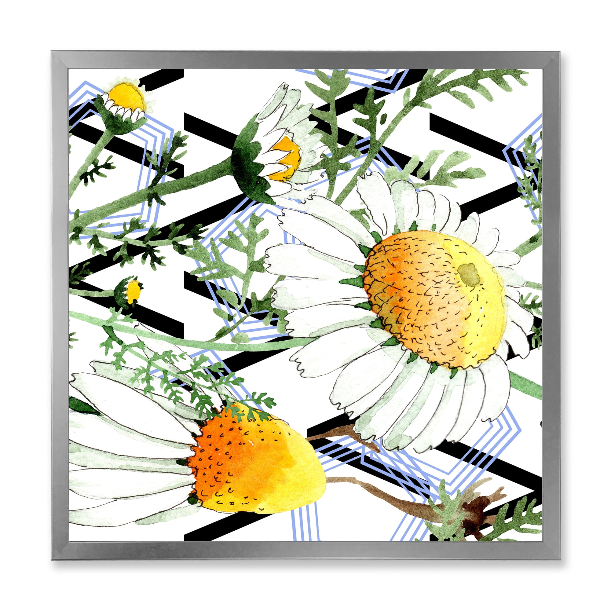 Wild Spring Chamomile Flowers On Geometric Lines 36 in x 36 in Framed Painting Canvas Art Print, by Designart