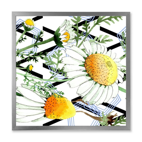 Wild Spring Chamomile Flowers On Geometric Lines 36 in x 36 in Framed Painting Canvas Art Print, by Designart