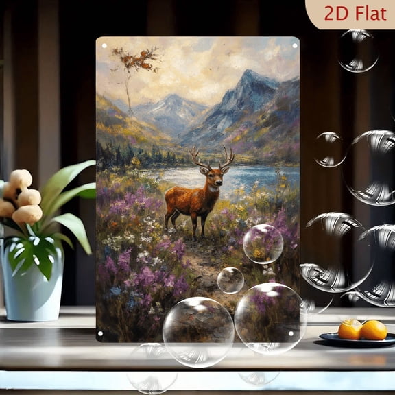 Wild Stag in Vibrant Meadow with Lake and Mountains, 8x12 inch Impressionist Metal Wall Art Print, Rustic Deer Landscape Painting for Home Decor