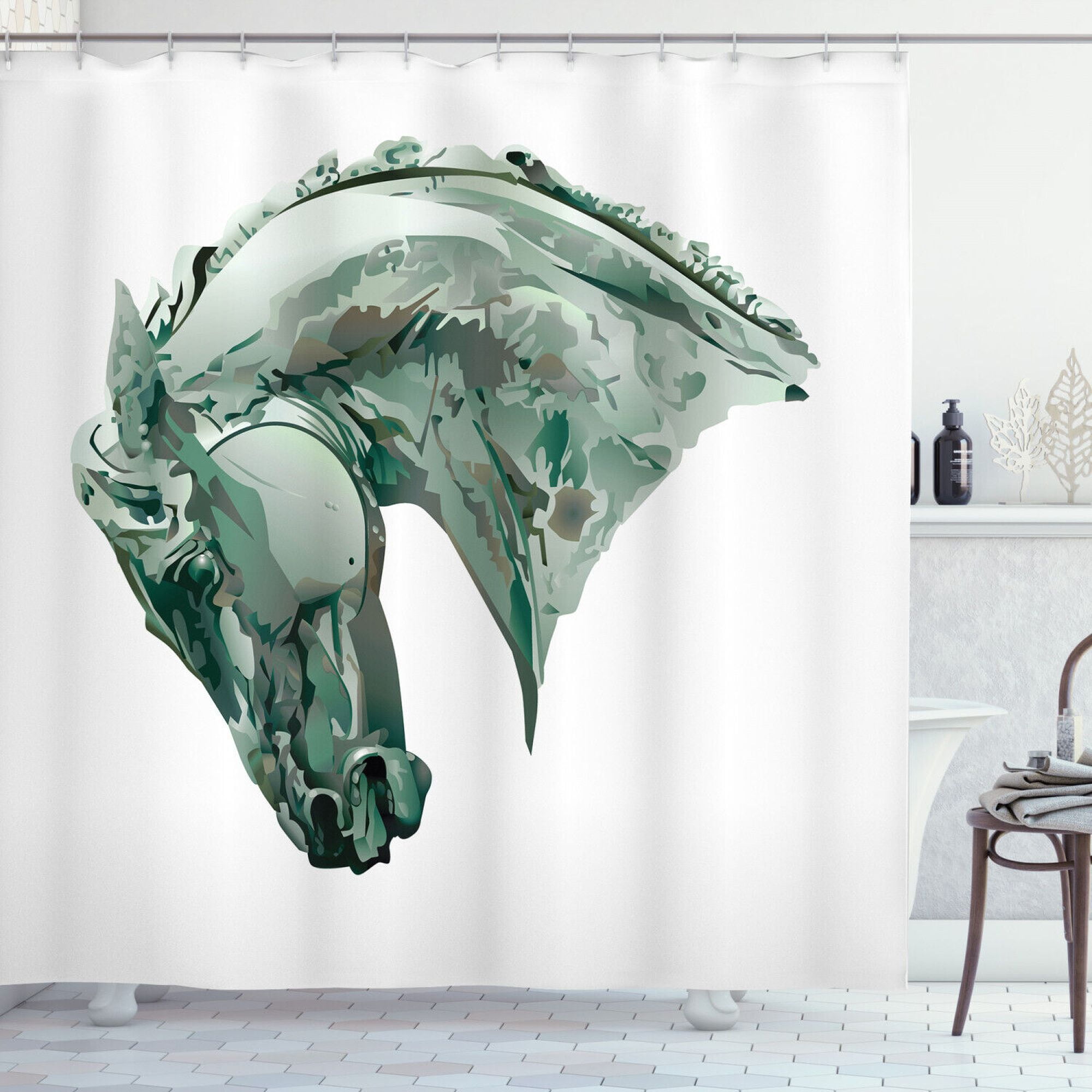 Wild Stallion Shower Curtain Grey with Green Stain and Horse Head Print for Bathroom