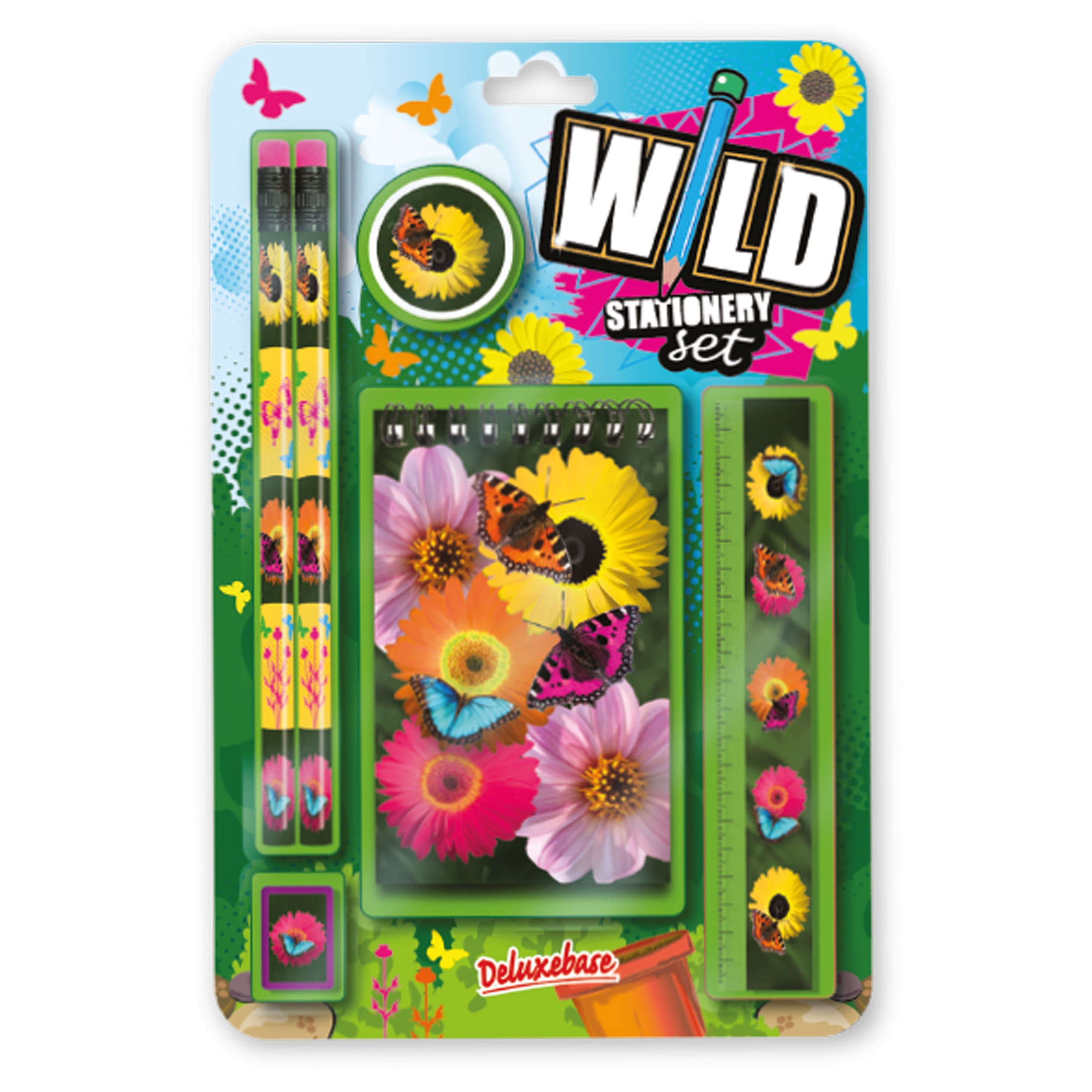 Wild Stationery Set - Butterfly School Stationary Sets from Deluxebase.  School Supplies Include 2 Pencils, Pencil Eraser, Pencil Sharpener, Ruler,  and Cute Notebook. Stationary Supplies Gifts for Kids 