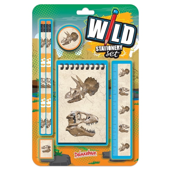 Wild Stationery Set - Dinosaur by Deluxebase. Dino Stationery Kit with Notebook, 2 Pencils, Eraser, Sharpener & Ruler for College and Office Supplies