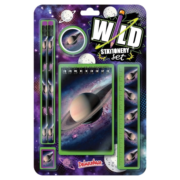 Wild Stationery Set - Space by Deluxebase. Space Stationery Kit with Notebook, 2 Pencils, Eraser, Sharpener & Ruler for College and Office Supplies