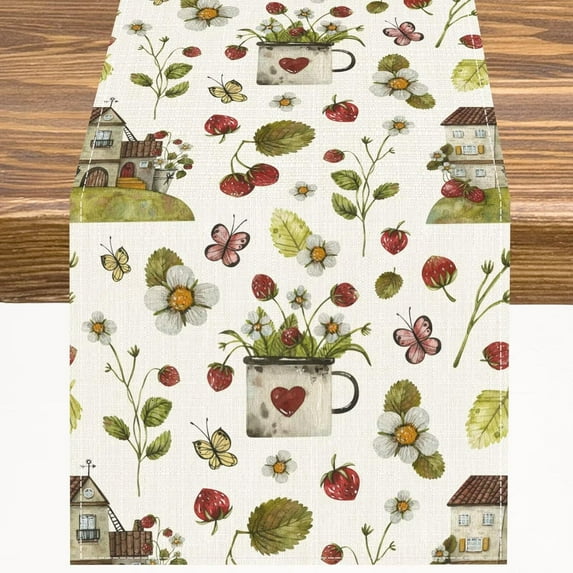 Wild Strawberries Table Runner Fruit Floral Plant Hand Drawn Vintage Huts Forest Flowers Kitchen Dinner Runner for Indoor Home Living Room Party Dining Table Decoration 13.8"x90"