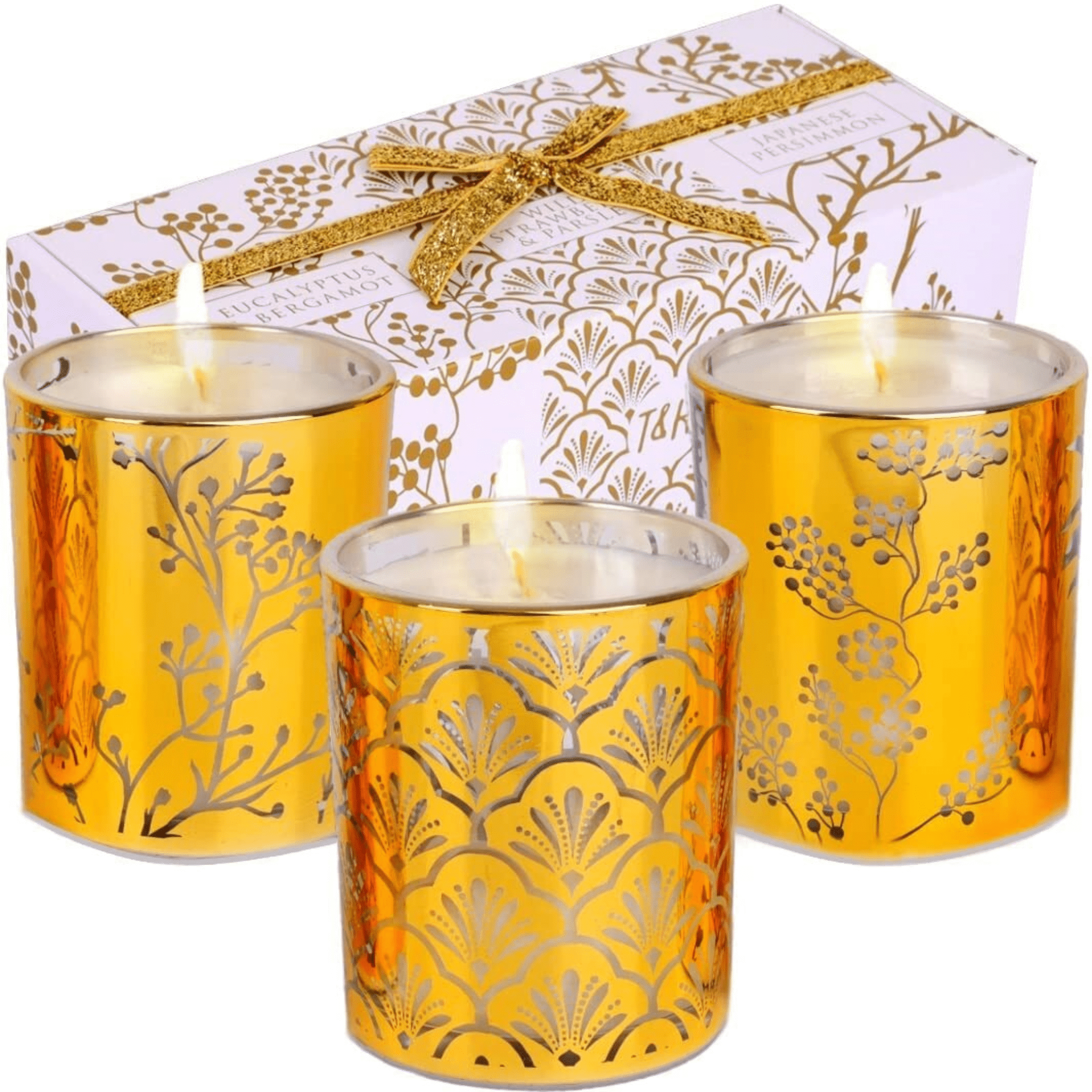 Wild Strawberry Parsley, Eucalyptus Bergamot, Japanese Persimmon Soy Wax Candle Gift Set | Aromatherapy Candle Set of 3 x 4.25 Oz Small Glass Candles, Relaxing Gift for Women, Gold Candle Party Favors