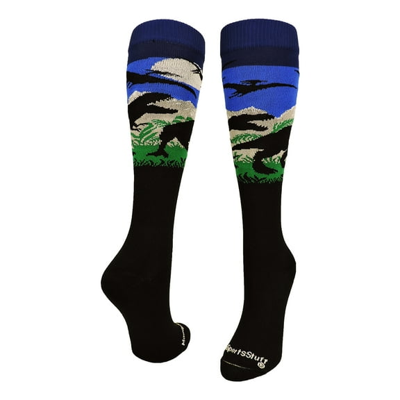 Wild T-Rex Dinosaur Socks over the calf  (Dark Royal, Large)