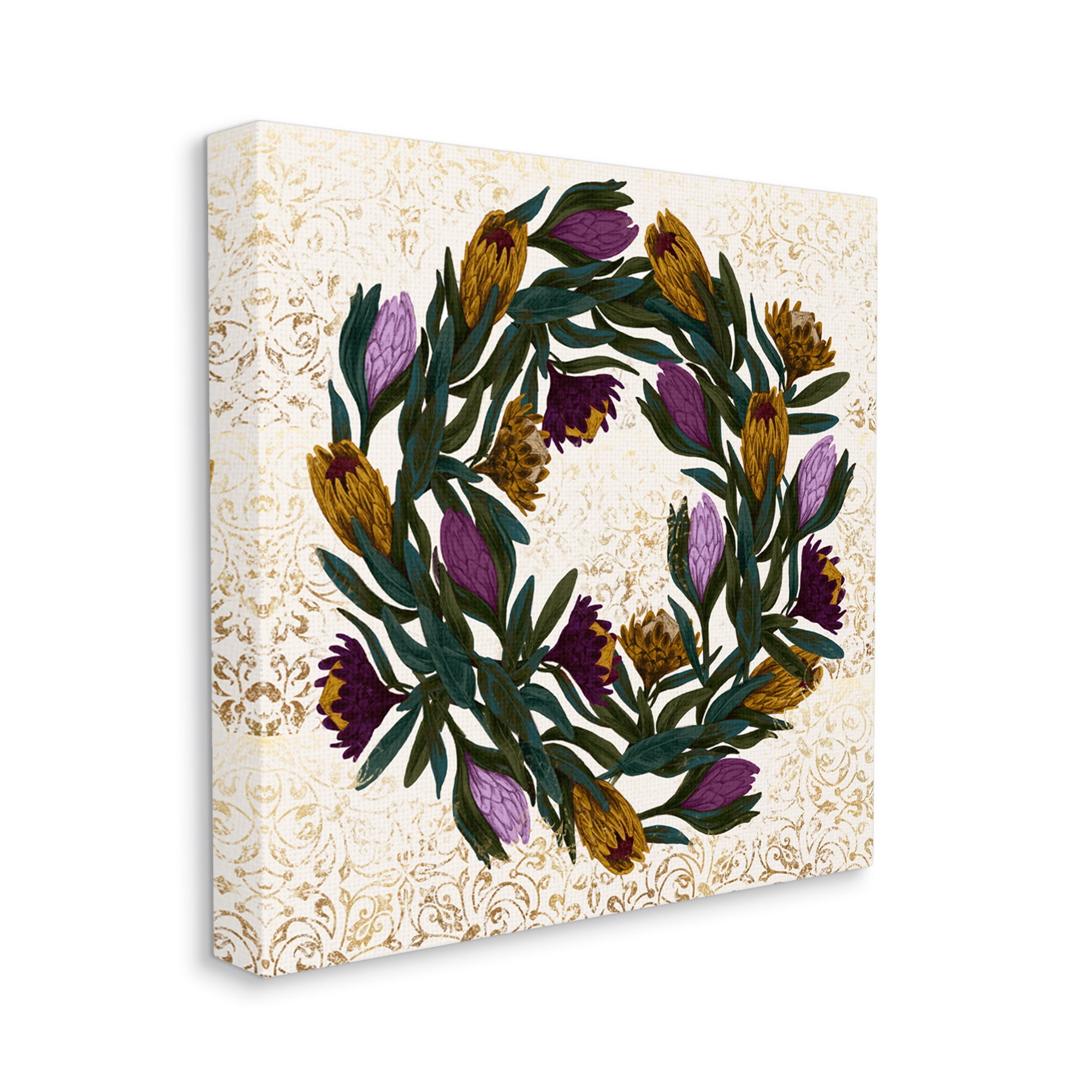Wild Thistle Floral Wreath on Regal Gold Pattern Botanical & Floral Gallery-Wrapped Canvas Print Wall Art, 17x17