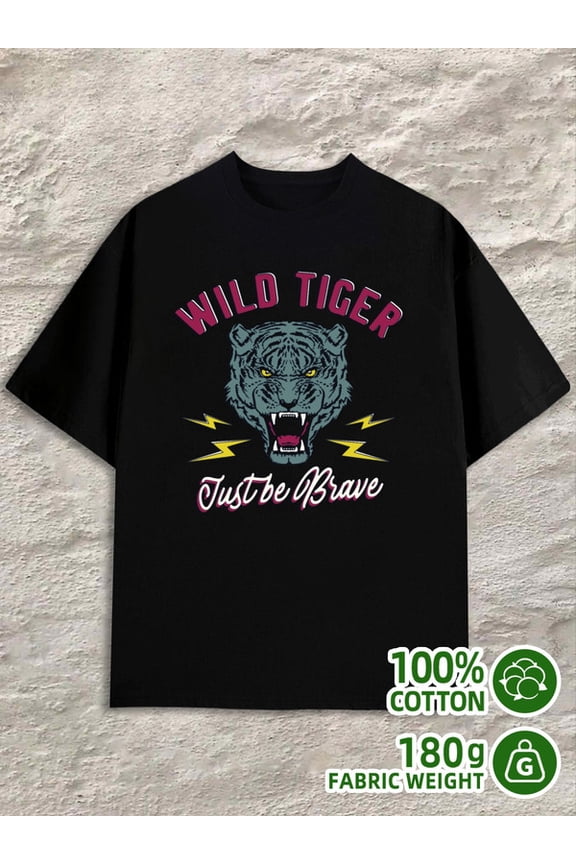 Wild Tiger Brave men black 180G 100% Cotton Breathable fabric,round neck,short sleeves Original Unisex Shirt Graphic Tee tshirts Classic Unisex Shirt Printed tshirts