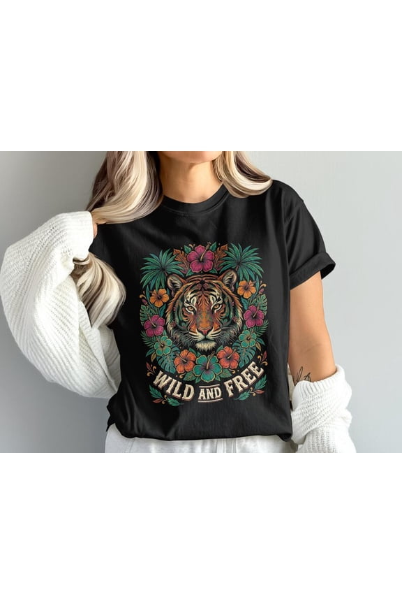 Wild Tiger Floral T-Shirt, Boho Jungle Graphic Tee, Tropical Vacation Shirt