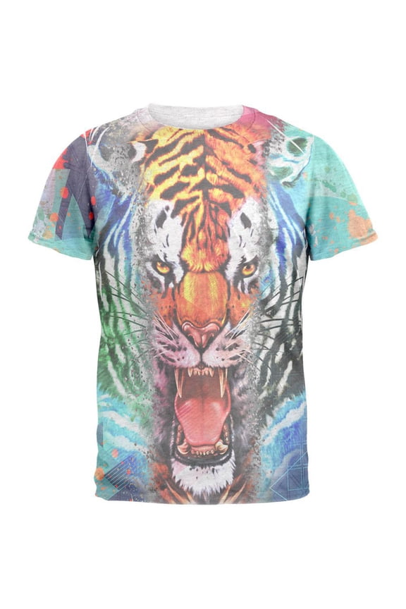 Wild Tiger Splatter All Over Heather White Adult T-Shirt - Small