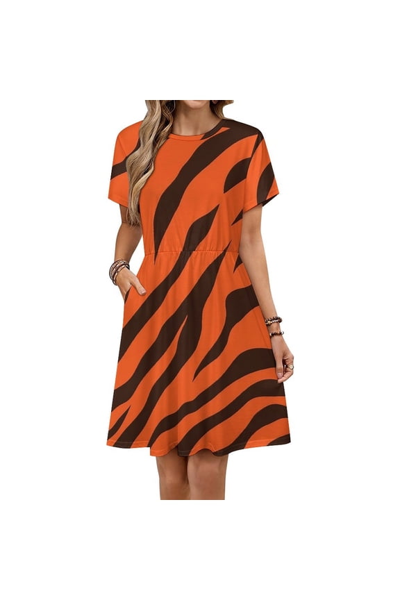Wild Tiger Stripe Pattern Dress Summer Street Style Dresses Female Short Sleeve Printed Sundress